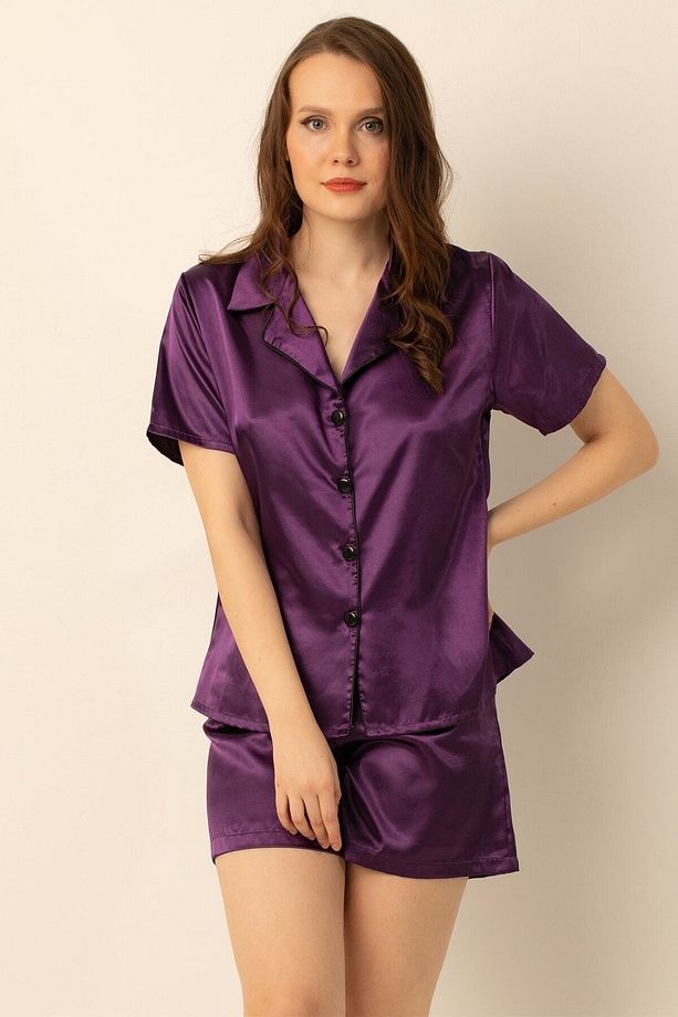 Bayan Saten Şortlu Pijama Takımı - 6