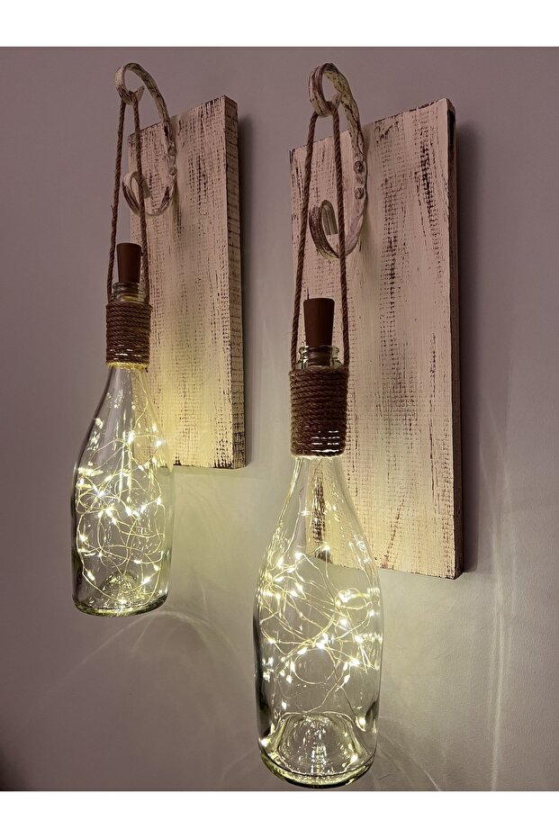 Tıpa Peri Led Işıklı Krem Kahve Cam Şampanya Şişesi Duvar Aplik 2'li Set - 3
