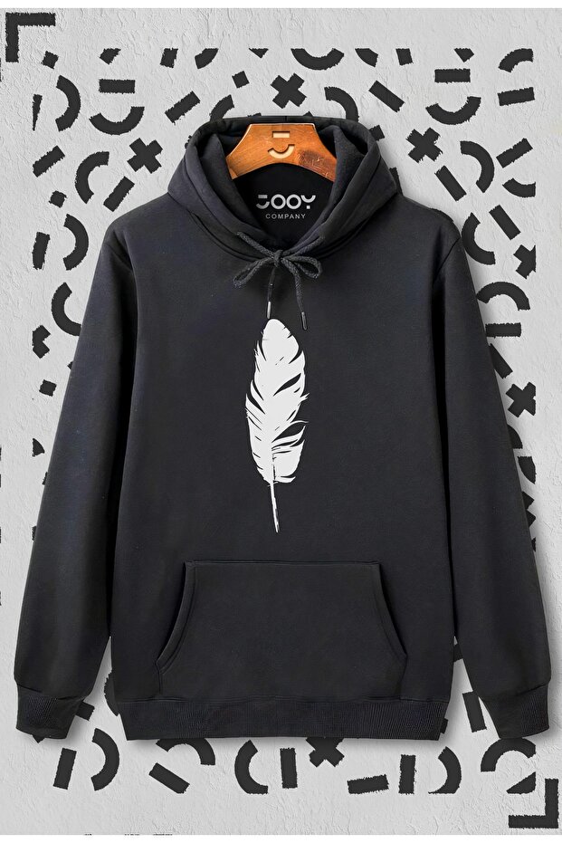 Feather Printed Black Hooded Sweatshirt