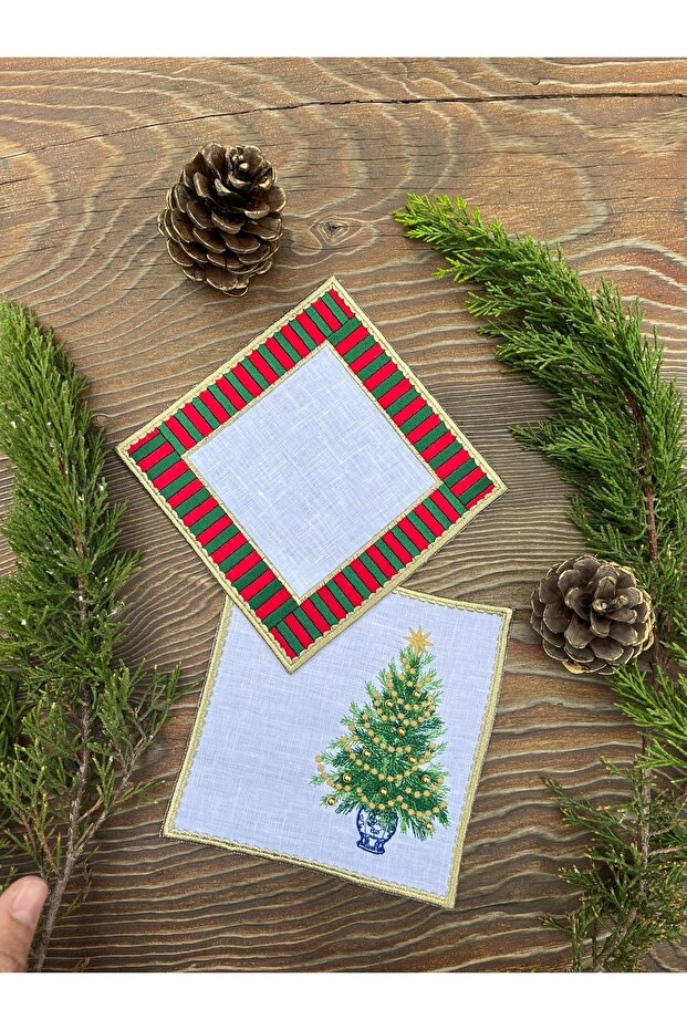 Green Red Embroidered & Christmas Tree Embroidered Cocktail Napkin - 2 Pieces 100% Linen