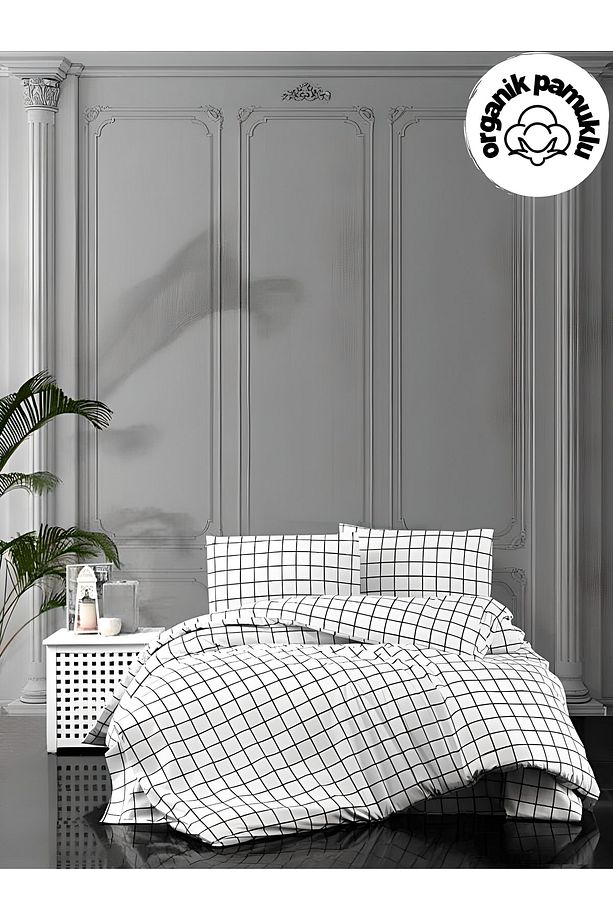 Home Minikaro Siyah Beyaz Tek Kişilik Pamuklu Nevresim Seti Çarşafsız - 1