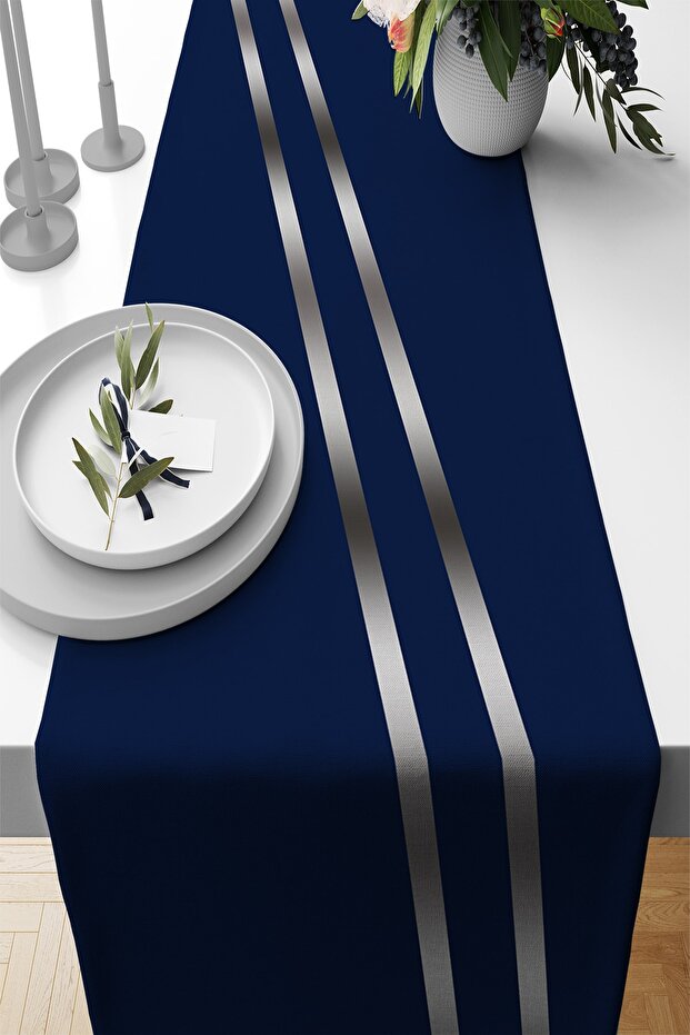 Navy Blue 40 X 140 Silver Premium Suede Woven Fabric Stain Resistant Table Cloth Runner Rnr513