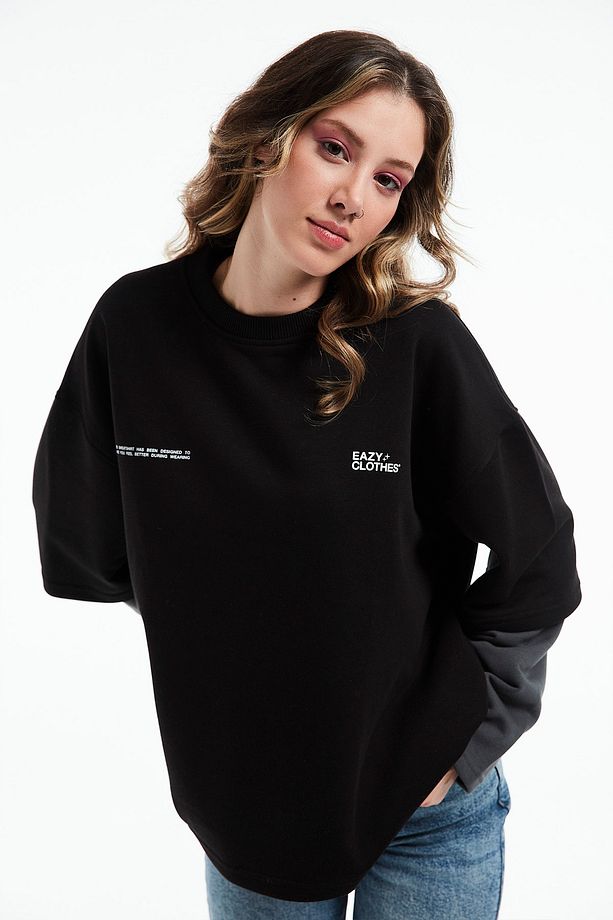 Eazy Basic Double Kol Oversize Unisex Siyah Bisiklet Yaka Kalın Sweatshirt - 3