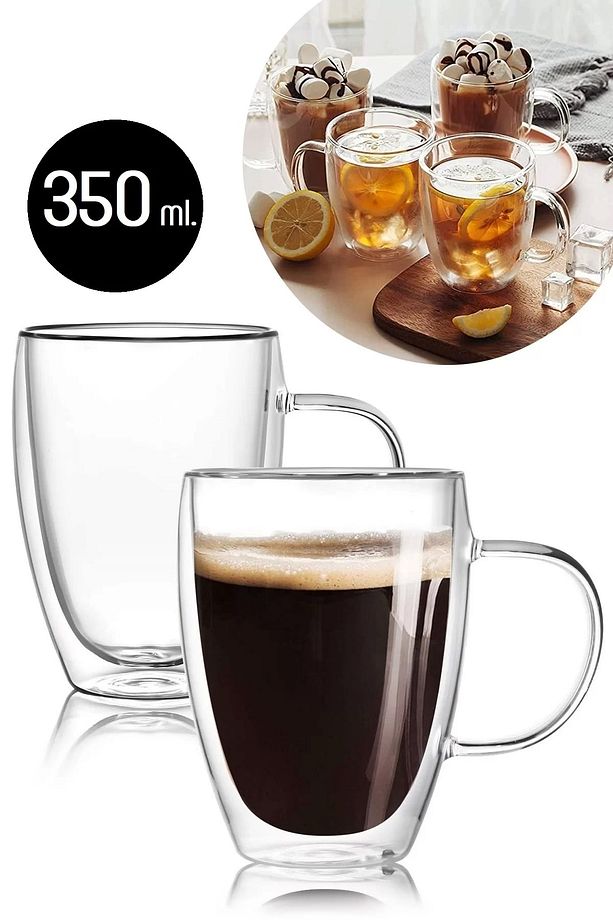 Çift Camlı Çift Cidarlı Cam Kupa 350 Ml Ev Ofis Fincanı Çift Katlı Isı Yalıtımlı Kulplu Cam Bardak - 8