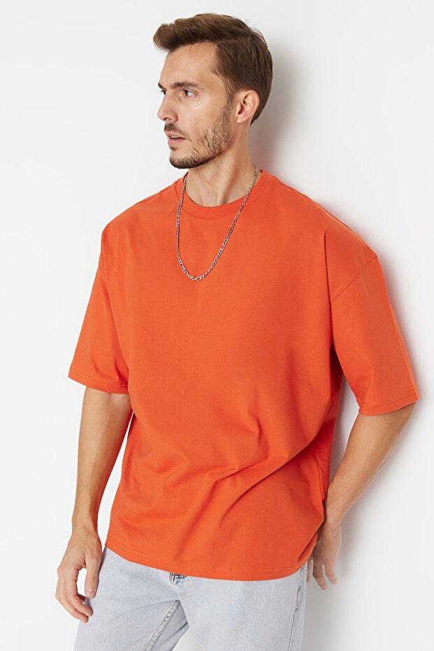 Turuncu Basic %100 Pamuklu Bisiklet Yaka Oversize/Geniş Kesim Kısa Kollu T-Shirt TMNSS22TS0318 - 3