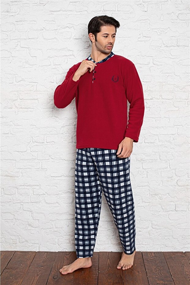 Men's Long Sleeve Buttoned Collar Fleece Winter Warm Pajama Set