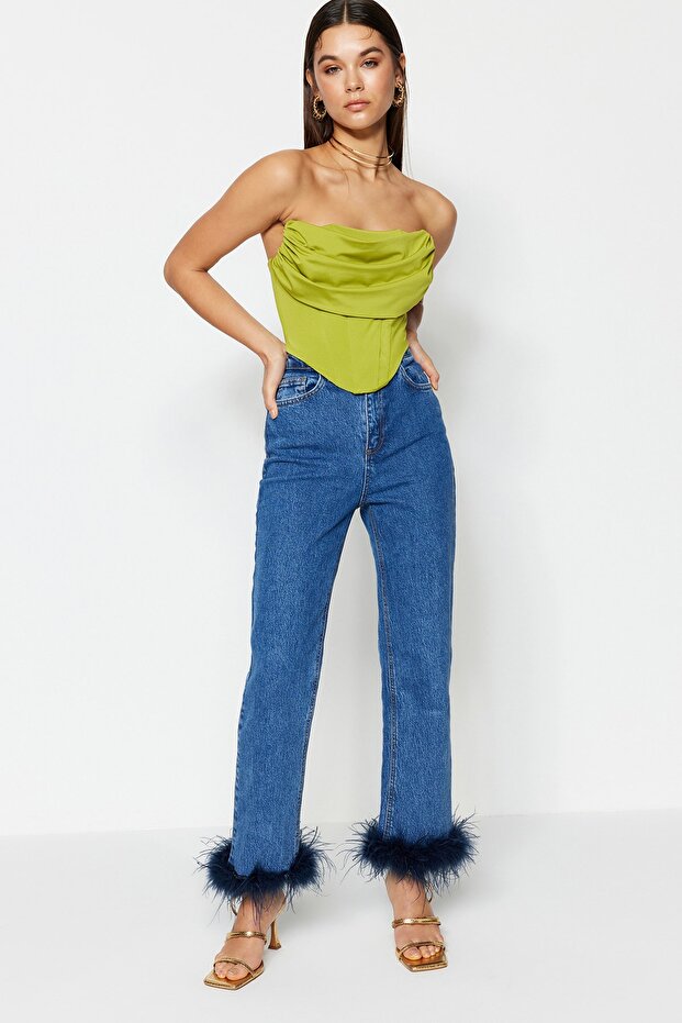 Açık Yeşil Crop Astarlı Korse Detaylı Örme Büstiyer TPRSS23BS00006 - 2