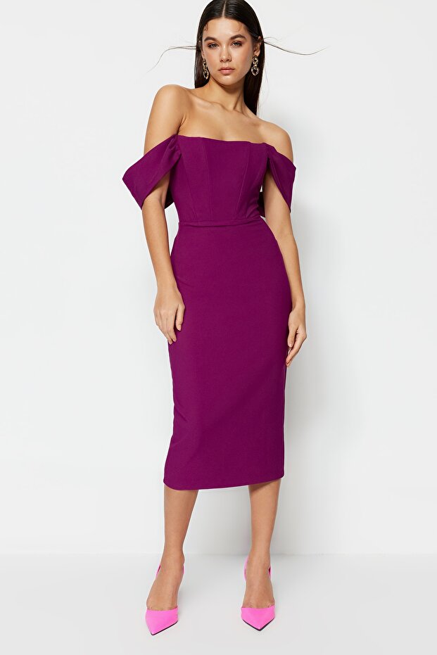 Lila, figurbetontes, gewebtes, stilvolles Abendkleid mit Korsettdetail, Nachtabendkleid TPRSS22EL00097 - 2