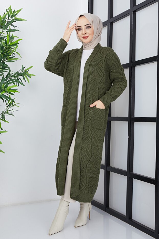 Women's Khaki Knit Patterned Pocket Knitwear Cardigan