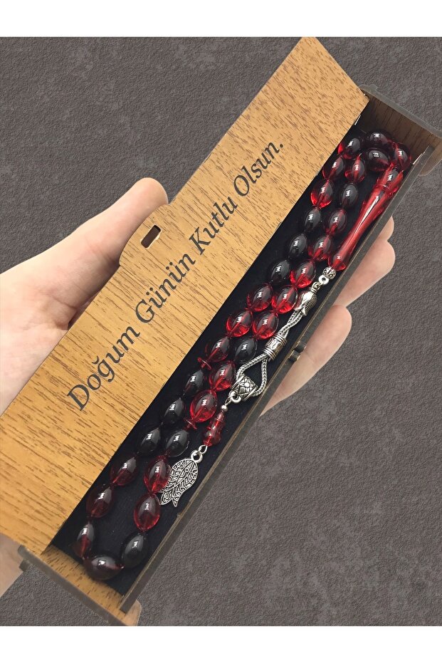 Red Black Moire Wooden Boxed Rosary