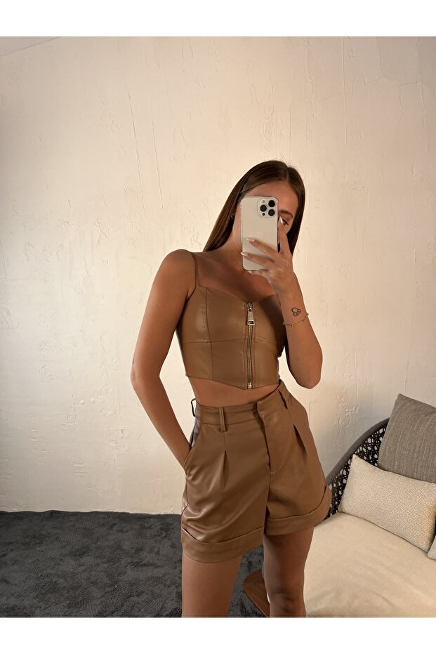 Kadın Suni Deri Şort Taba - 3