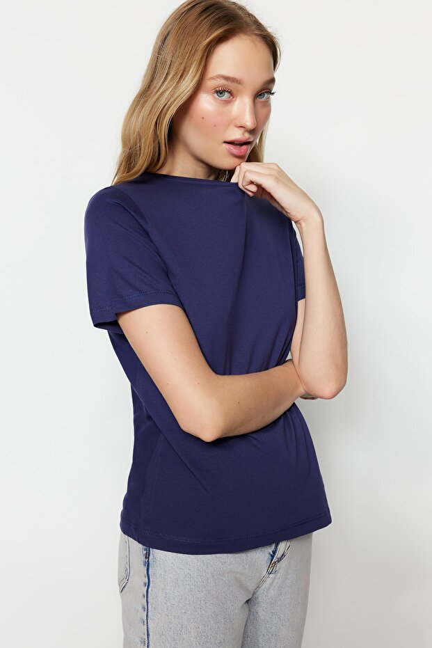 Lacivert %100 Pamuk Basic Bisiklet Yaka Örme T-Shirt TWOSS23TS00000 - 3