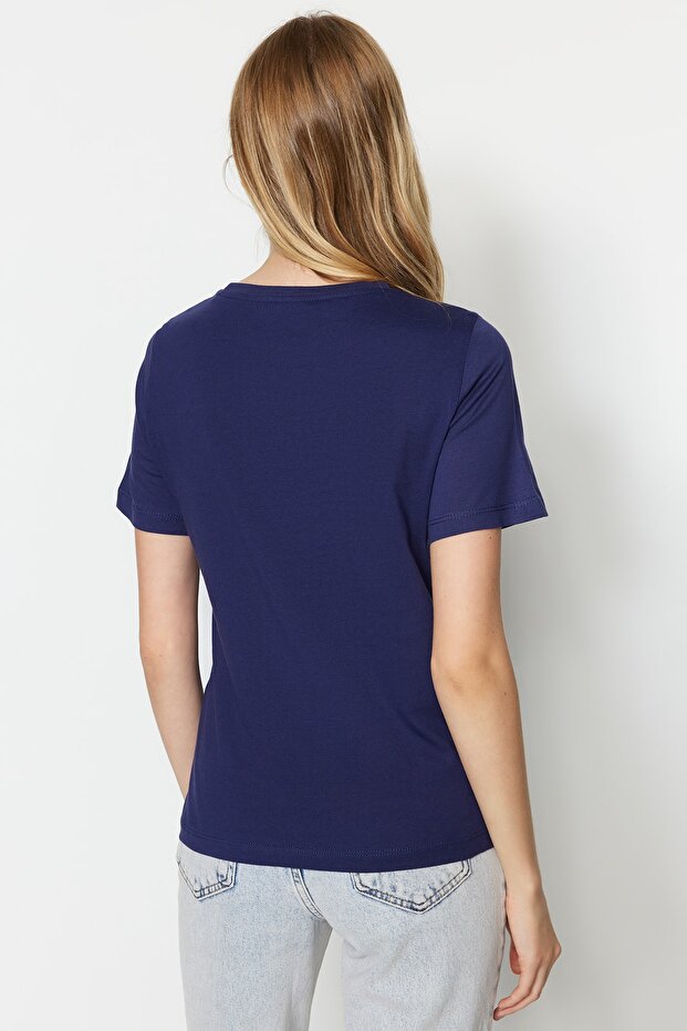Lacivert %100 Pamuk Basic Bisiklet Yaka Örme T-Shirt TWOSS23TS00000 - 5