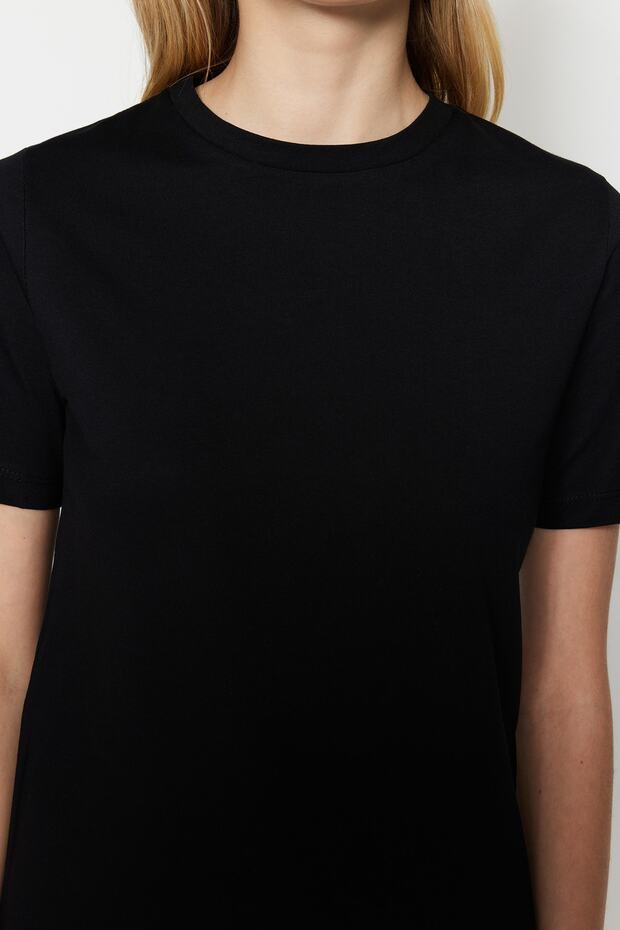 Siyah %100 Pamuk Basic Bisiklet Yaka Örme T-Shirt TWOSS23TS00000 - 8