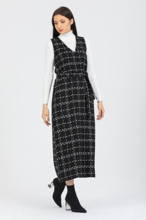 Tweed Gilet Dress And Turtleneck Ribbed Sweater Combination