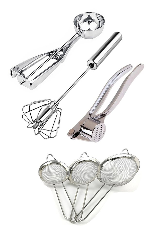 Ice Cream Cookie Serving Spoon, Automatic Whisk, Garlic Crusher, 3 Size Tea Strainer