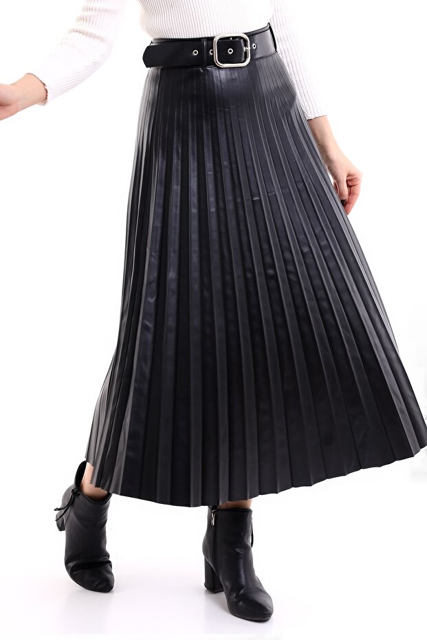 Fusta din piele lungă plisată - 4