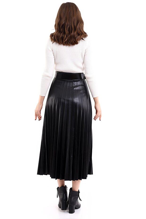 Fusta din piele lungă plisată - 7