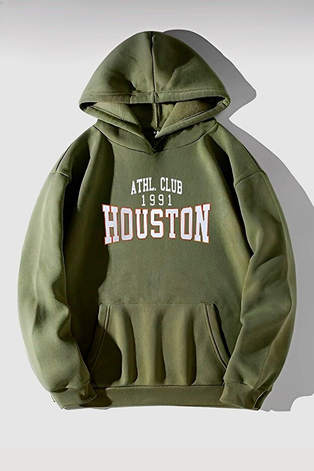 Men's 'houston' Printed Hooded Oversized Khaki Sweatshirt
