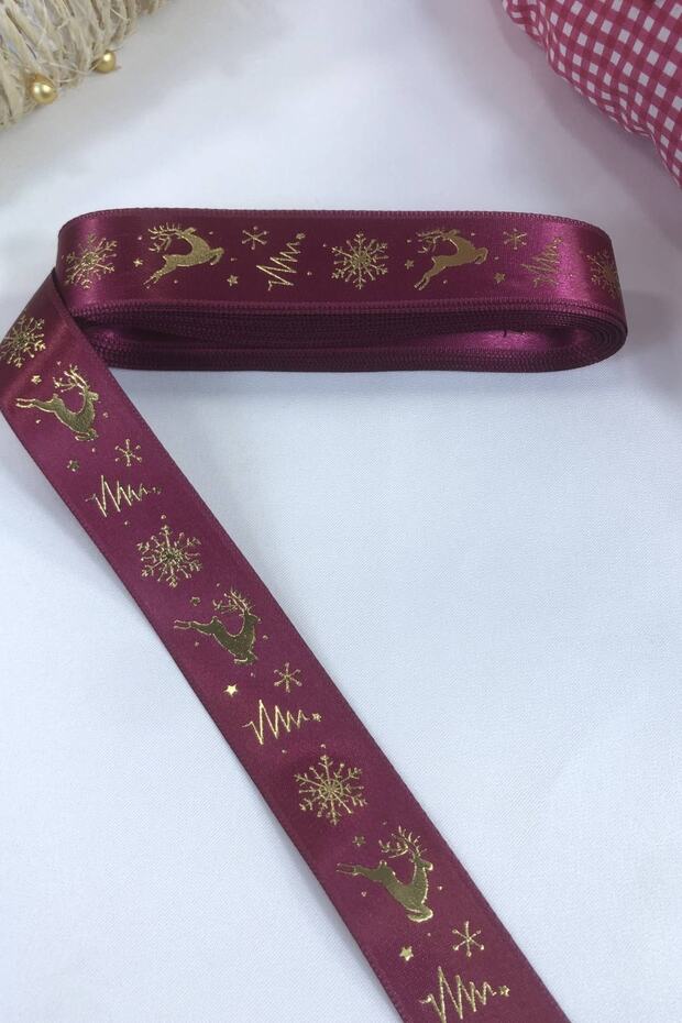 New Year 2026 Gift Packaging Ribbon Plum Satin Deer – New Year Ornament, Stylish Design – New Year