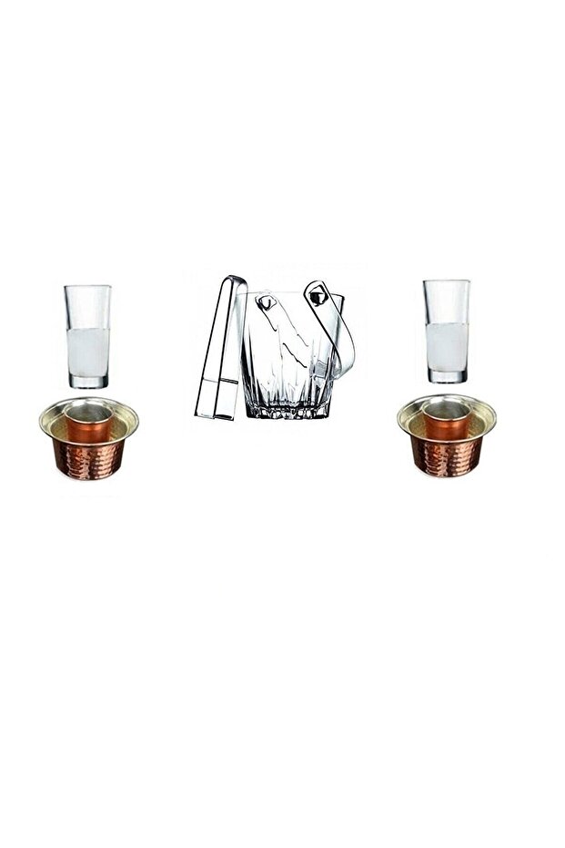 6 Piece Soft Drink Raki Glass Copper Ehlikeyf Ice Bucket Set