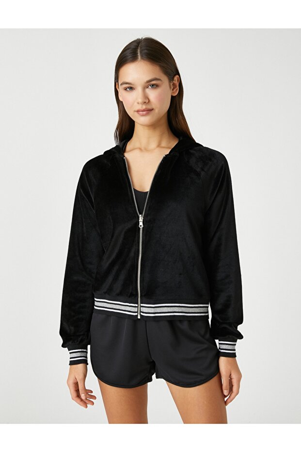 Loves Sport - Text Embroidered Velvet Hooded Sweatshirt