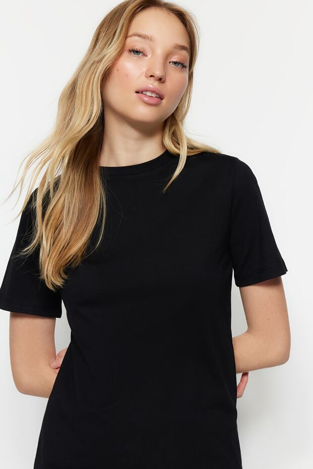 Siyah %100 Pamuk Basic Bisiklet Yaka Örme T-Shirt TWOSS23TS00000 - 6
