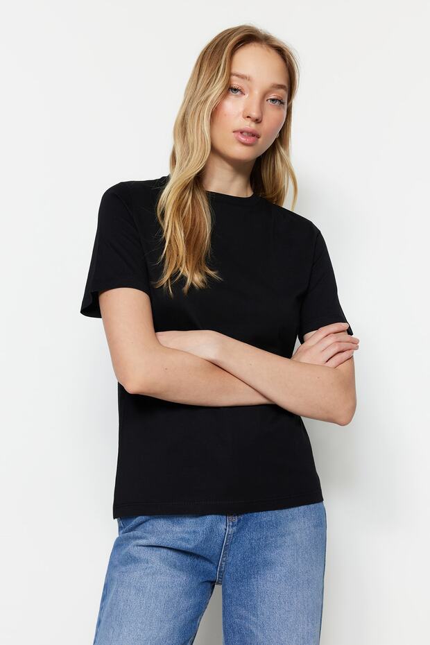 Siyah %100 Pamuk Basic Bisiklet Yaka Örme T-Shirt TWOSS23TS00000 - 7