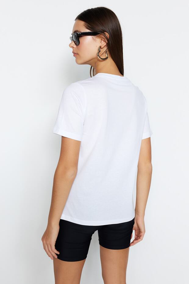 Beyaz %100 Pamuk Regular/Normal Kalıp Kısa Kollu Basic Bisiklet Yaka Örme T-Shirt TWOSS23TS00000 - 5