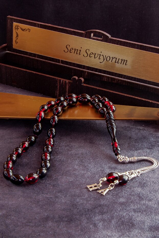 Silver Letter Tasseled Fire Amber Rosary, Lettered Rosary