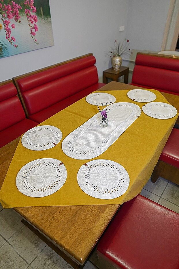 Embroidered White, Placemat Set of 6 Jute Plate and Runner, Durable, Heat Sensitive.