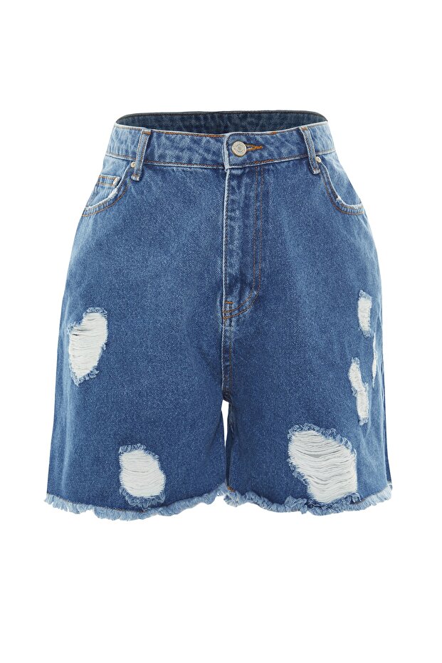 Koyu Mavi Yüksek Bel Destroylu Denim Şort & Bermuda TBBSS22SR0165 - 6