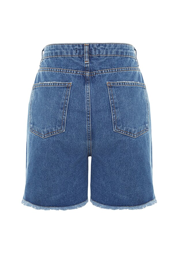 Koyu Mavi Yüksek Bel Destroylu Denim Şort & Bermuda TBBSS22SR0165 - 8