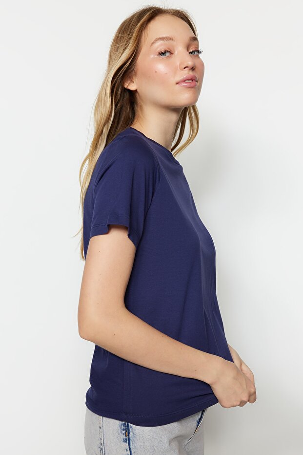 Lacivert %100 Pamuk Basic Bisiklet Yaka Örme T-Shirt TWOSS23TS00000 - 2