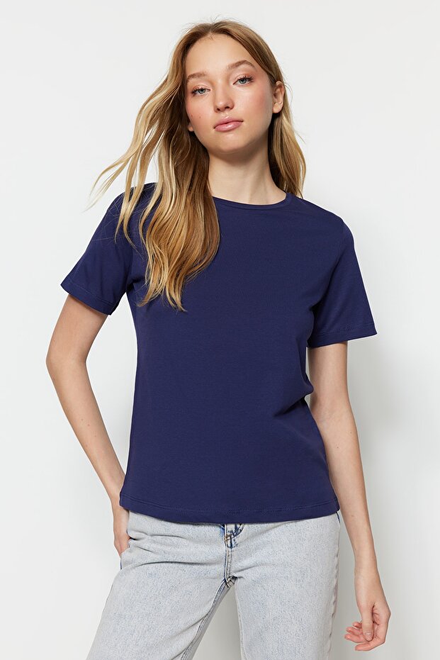 Lacivert %100 Pamuk Basic Bisiklet Yaka Örme T-Shirt TWOSS23TS00000 - 1