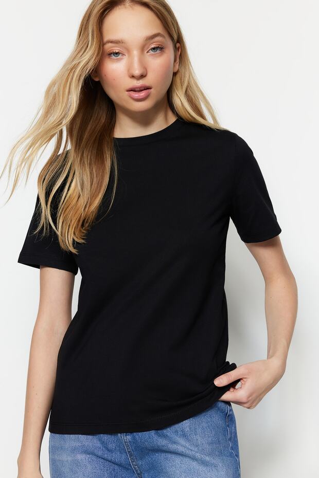 Siyah %100 Pamuk Basic Bisiklet Yaka Örme T-Shirt TWOSS23TS00000 - 5