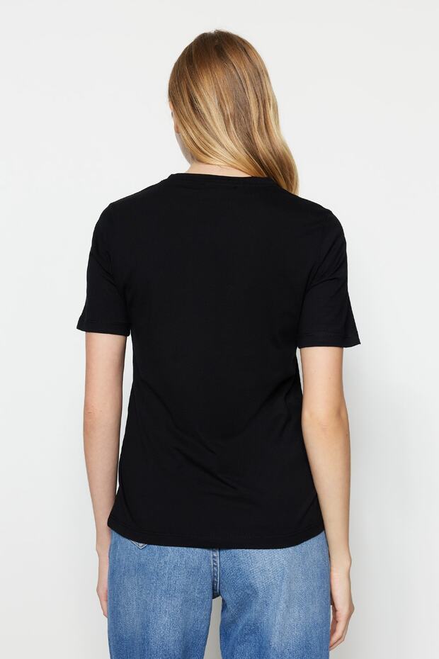 Siyah %100 Pamuk Basic Bisiklet Yaka Örme T-Shirt TWOSS23TS00000 - 9