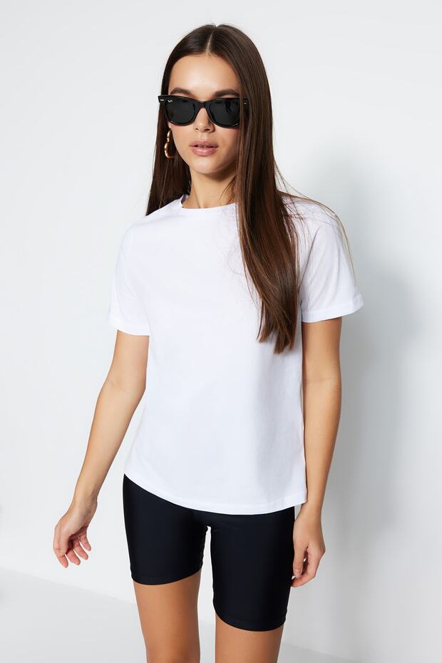 Beyaz %100 Pamuk Regular/Normal Kalıp Kısa Kollu Basic Bisiklet Yaka Örme T-Shirt TWOSS23TS00000 - 3