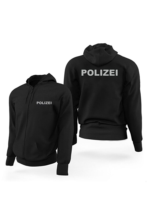 سويت شيرت بسحاب مطبوع عليه عاكس Polizei يلمع في ضوء الليل