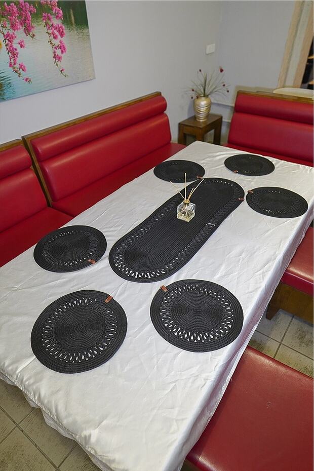 Embroidered Black, Placemat Jute 6-Piece Charger Plate and Runner Set, Durable, Heat Sensitive.