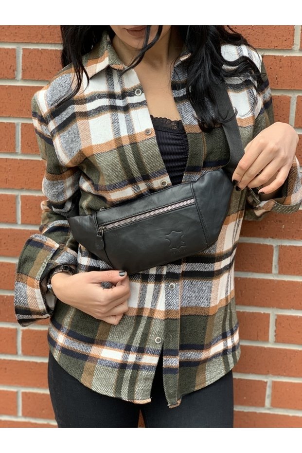 100% Real Leather Women's Waist Bag Black 24*16*5 Cm