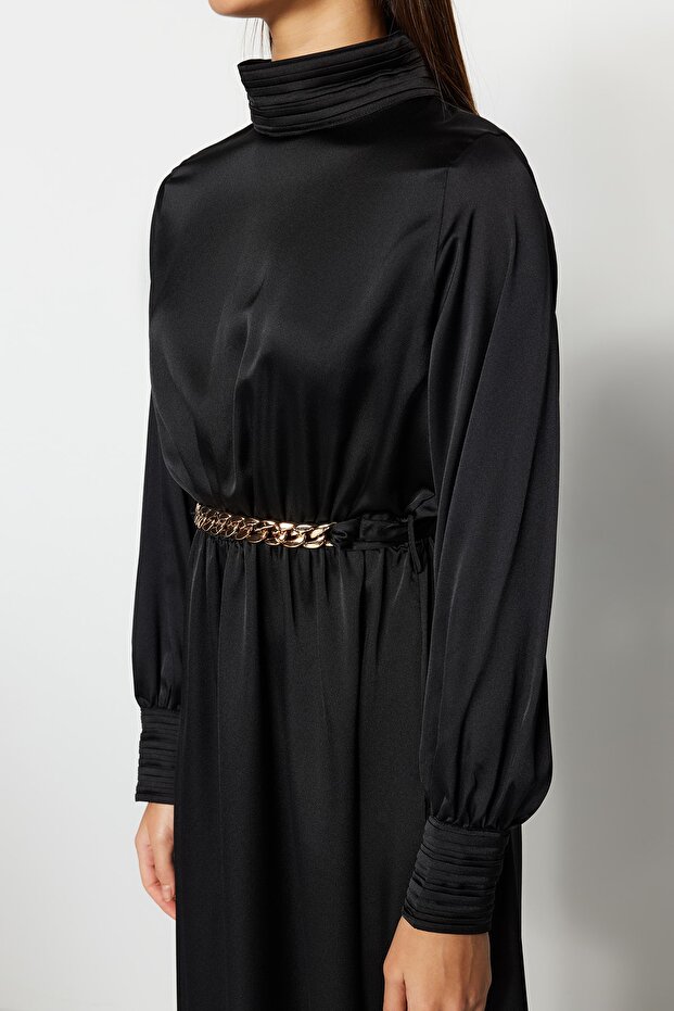 Fekete gallér és mandzsetta kendő, részletes öves szövött estélyi ruha TCTSS22EB0142 - 3