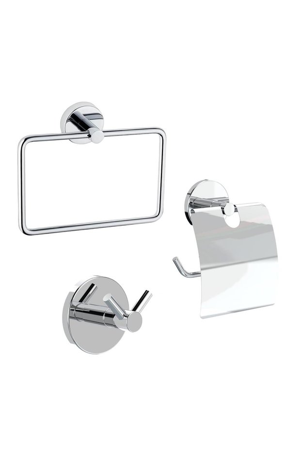 Bathroom Accessory Set of 3 Towel Holder - WC Paper Holder - 2 Hanger Stainless