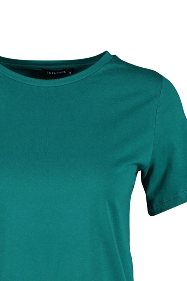 Zümrüt Yeşili %100 Pamuk Basic Bisiklet Yaka Örme T-Shirt TWOSS23TS00000 - 7