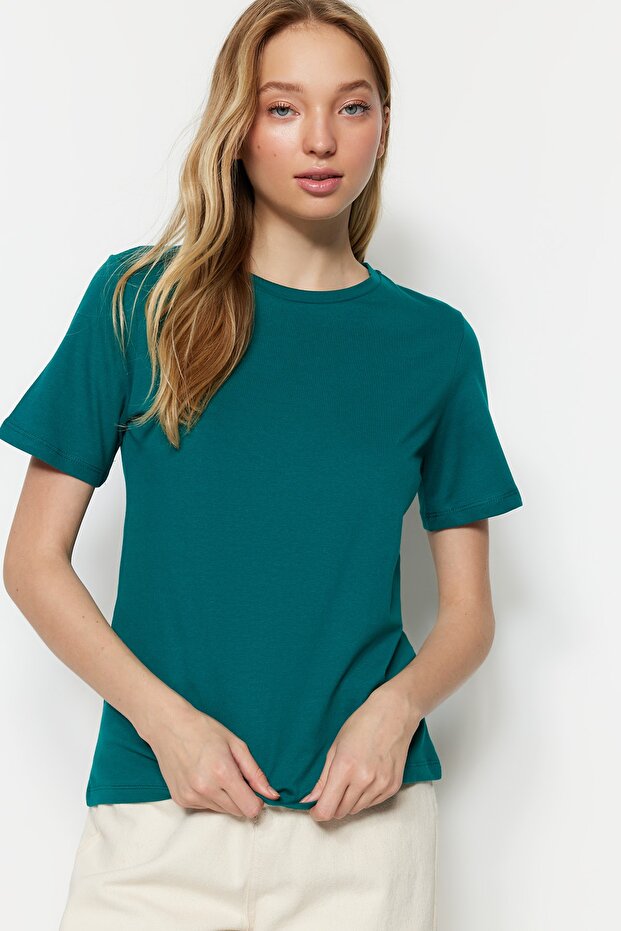 Zümrüt Yeşili %100 Pamuk Basic Bisiklet Yaka Örme T-Shirt TWOSS23TS00000 - 2