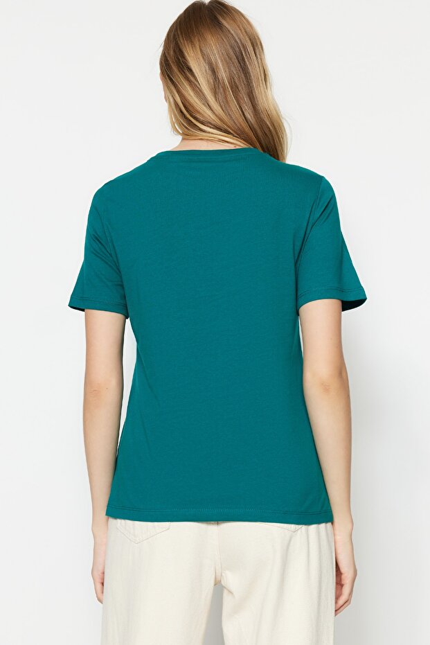 Zümrüt Yeşili %100 Pamuk Basic Bisiklet Yaka Örme T-Shirt TWOSS23TS00000 - 5