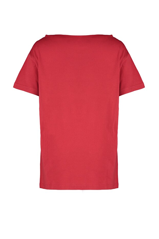 Kırmızı %100 Pamuk Oversize/Geniş Kalıp Kayık Yaka Örme T-Shirt TWOSS20TS0140 - 8