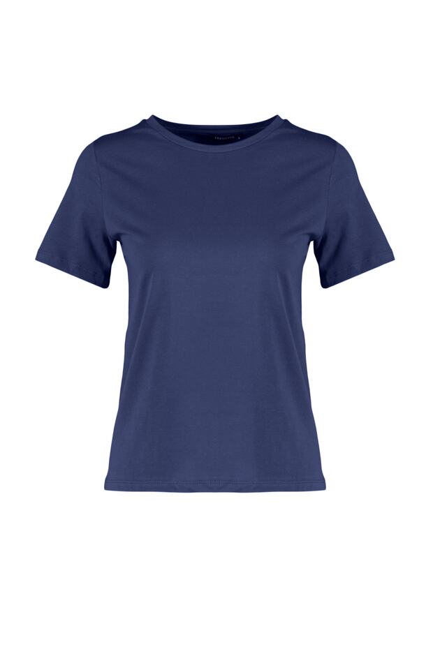 Lacivert %100 Pamuk Basic Bisiklet Yaka Örme T-Shirt TWOSS23TS00000 - 6