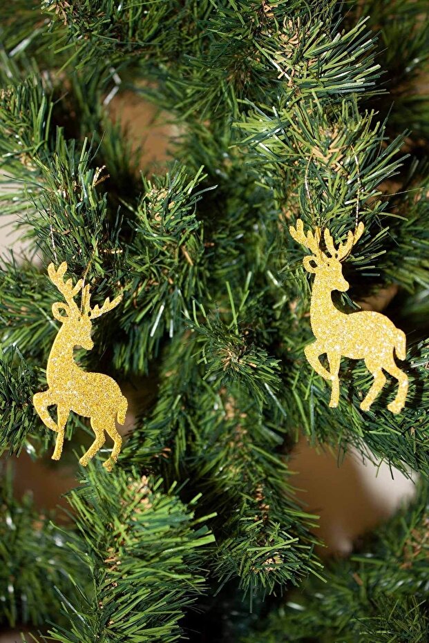 Gold Felt Deer Christmas Tree Ornament Glittered Eva Tree and Gift Ornament 6 Pieces