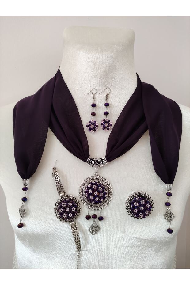 Crystal and Sand Bead Embroidered Scarf with Evil Eye Prayer: Necklace, Bracelet, Ring and Earring Set